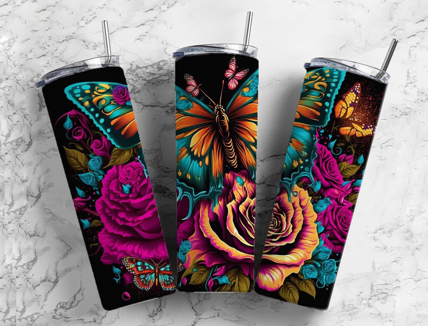 Butterfly rose 20oz Sublimation Tumbler Designs, rainbow neon 9.2 x 8.3” Straight Skinny Tumbler Wrap PNG