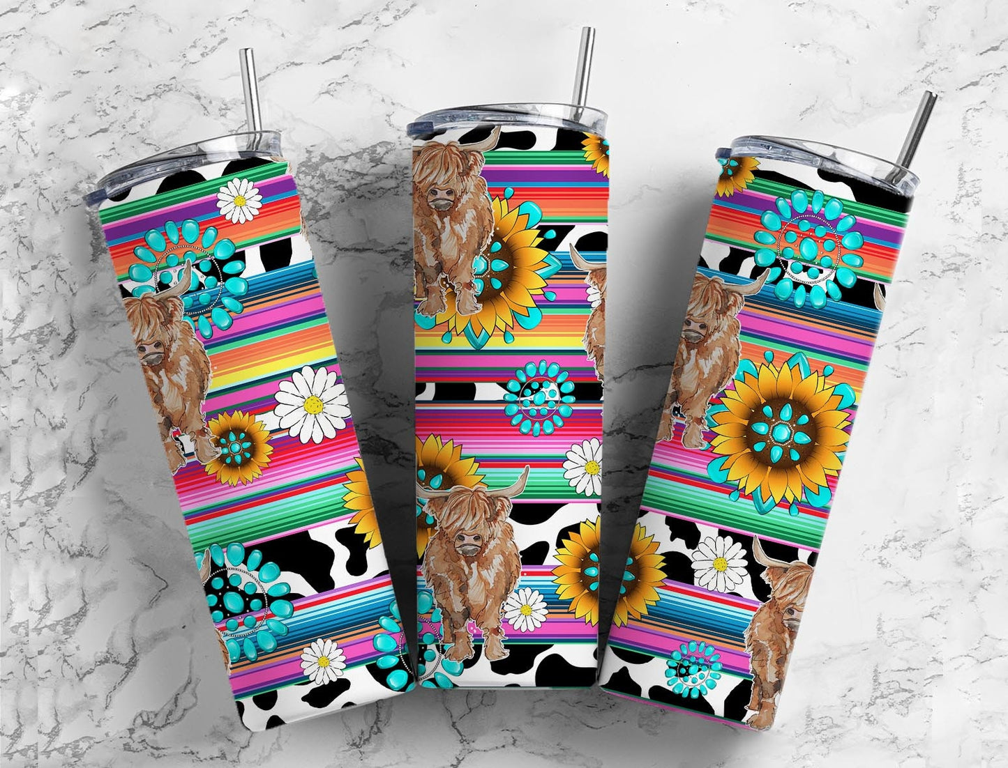 Pink Highland Bull 20oz Sublimation Tumbler Designs, Country Cow 9.2 x 8.3” Straight Skinny Tumbler Wrap, Serape Tumbler PNG