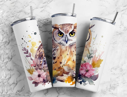 Brown owl 20oz Sublimation Tumbler Designs, Watercolor floral 9.2 x 8.3” Straight Skinny Tumbler Wrap PNG (2)