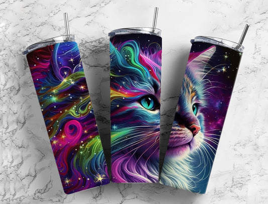 Rainbow cat 20oz Sublimation Tumbler Designs, Colorful neon 9.2 x 8.3” Straight Skinny Tumbler Wrap PNG