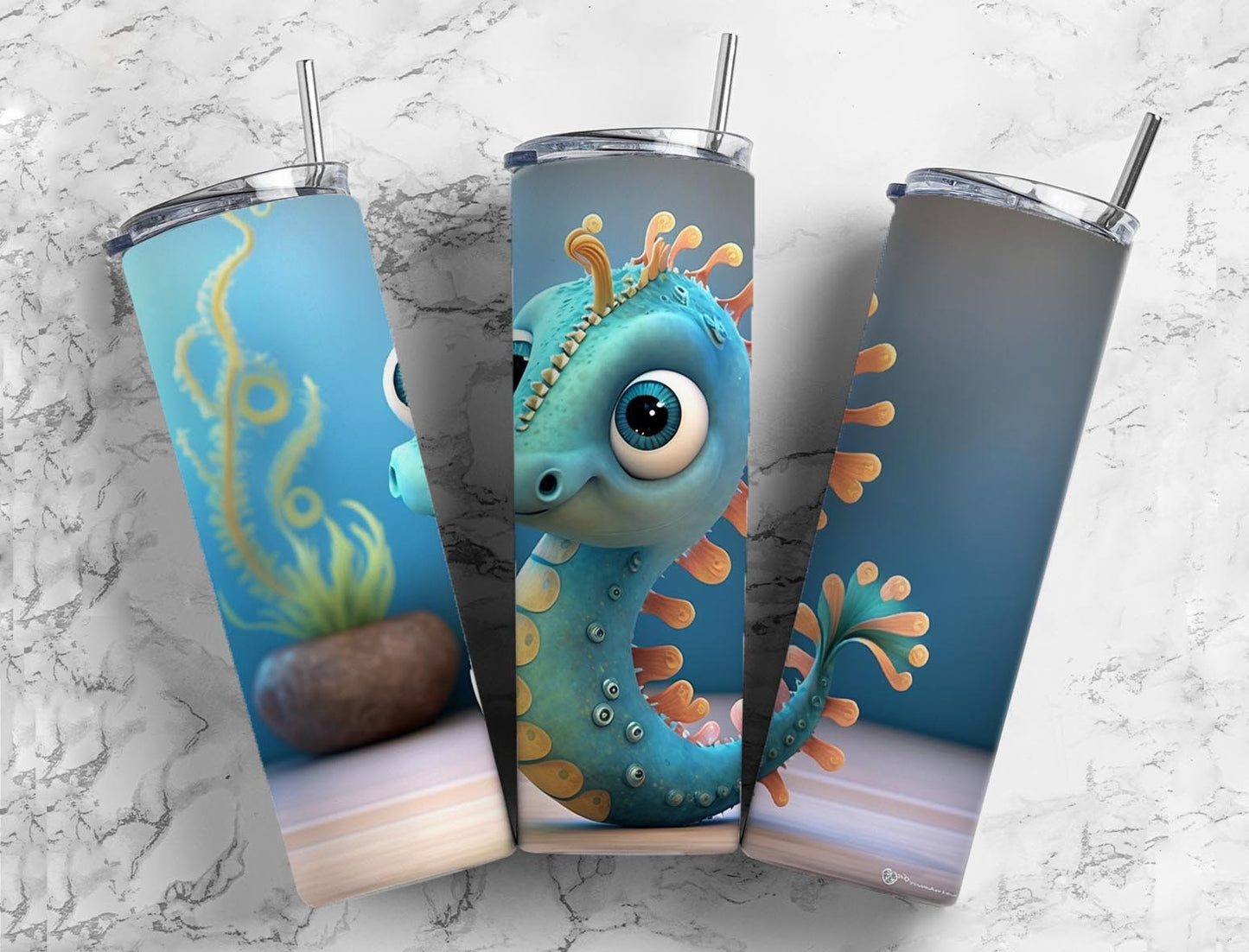 Cartoon seahorse 20oz Sublimation Tumbler Designs, Underwater ocean 9.2 x 8.3” Straight Skinny Tumbler Wrap PNG