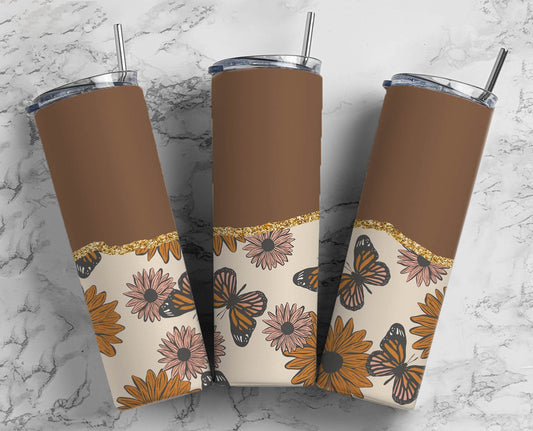 Sunflower Butterfly Flower 20oz Sublimation Tumbler Designs, AestheticFloral 9.2 x 8.3” Straight Skinny Tumbler Wrap PNG, Gold Agate43