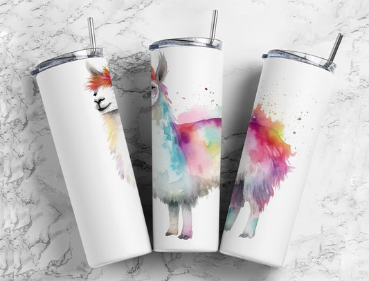 colorful alpaca 20oz Sublimation Tumbler Designs, paint splatter 9.2 x 8.3” Straight Skinny Tumbler Wrap PNG