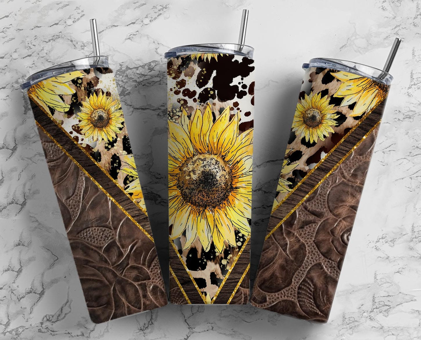 Sunflower Leather 20oz Sublimation Tumbler Designs, Aztec Country Western 9.2 x 8.3” Straight Skinny Tumbler, Horse Lover Wrap PNG