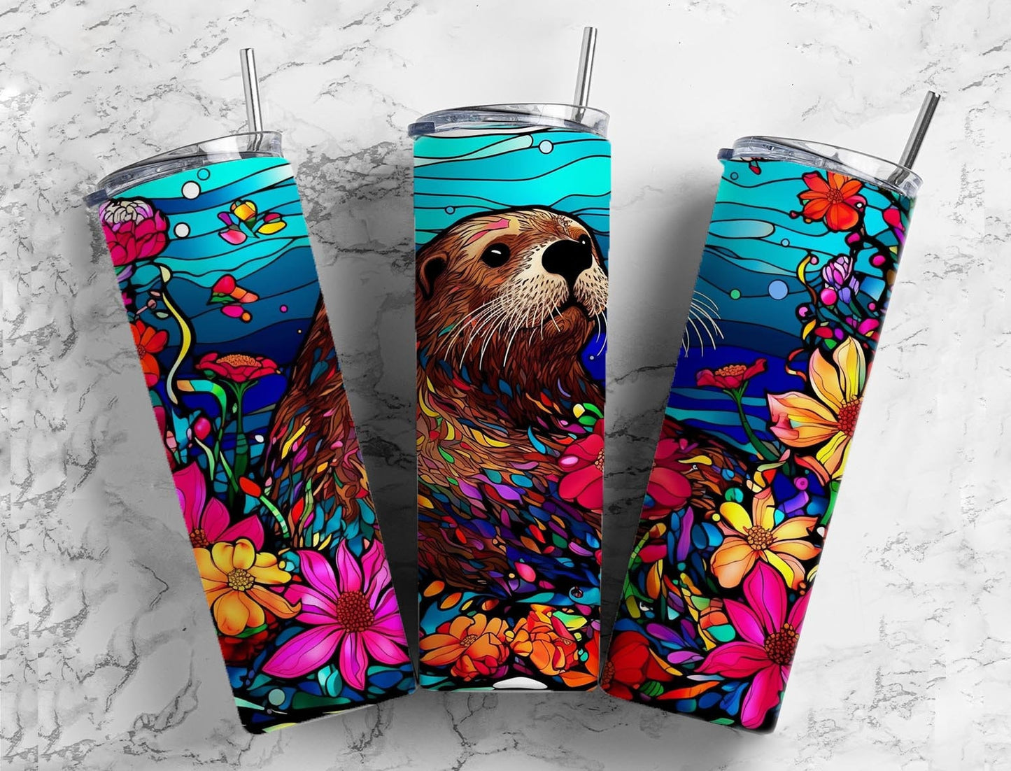 Sea otter 20oz Sublimation Tumbler Designs, floral ocean 9.2 x 8.3” Straight Skinny Tumbler Wrap PNG