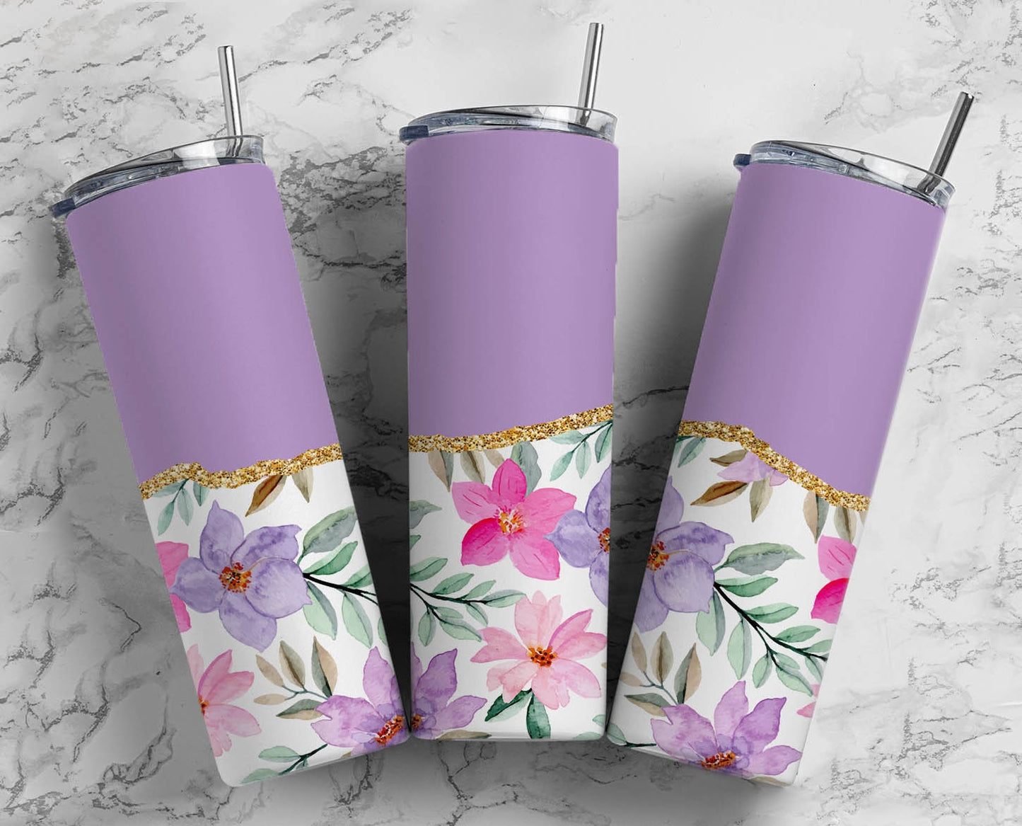 Purple Flower 20oz Sublimation Tumbler Designs, AestheticFloral 9.2 x 8.3” Straight Skinny Tumbler Wrap PNG, Gold Agate 130