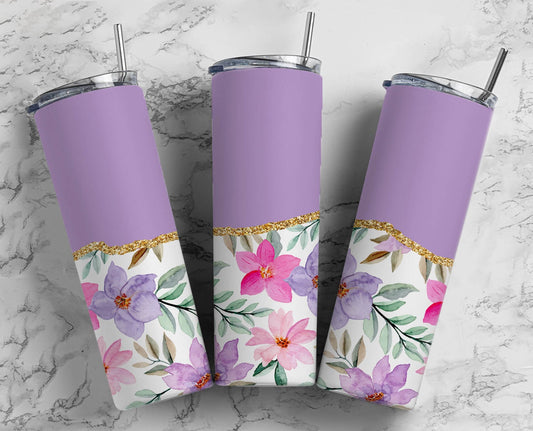 Purple Flower 20oz Sublimation Tumbler Designs, AestheticFloral 9.2 x 8.3” Straight Skinny Tumbler Wrap PNG, Gold Agate 130