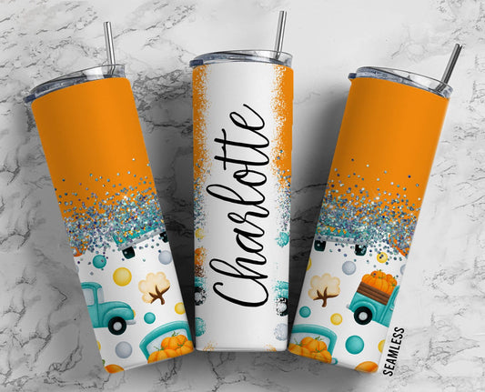 Country Truck Orange 20oz Sublimation Tumbler Designs, Silver Glitter Split9.2 x 8.3” Straight Skinny Tumbler Wrap PNG 164