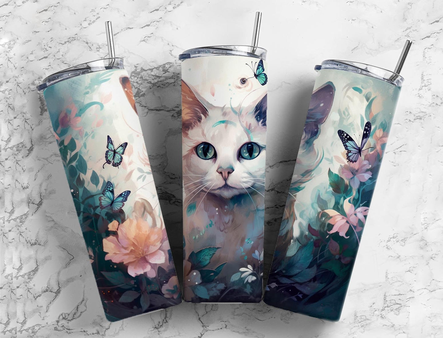 White cat 20oz Sublimation Tumbler Designs, Butterfly floral 9.2 x 8.3” Straight Skinny Tumbler Wrap PNG