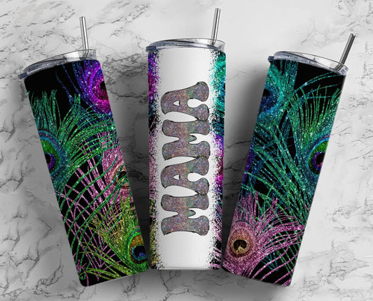 Black Peacock 20oz Sublimation Tumbler Designs, Retro Mama 9.2 x 8.3” Straight Skinny Tumbler Wrap PNG, Mom Tumbler