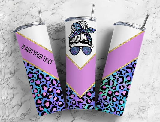 Blue Purple Leopard Print 20oz Sublimation Tumbler Designs, Messy Bun V Split 9.2 x 8.3” Straight Skinny Tumbler Wrap, Mom Life PNG