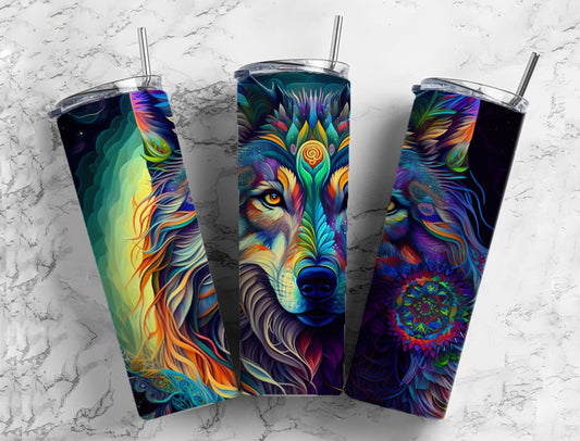 Rainbow wolf 20oz Sublimation Tumbler Designs, Colorful neon 9.2 x 8.3” Straight Skinny Tumbler Wrap PNG