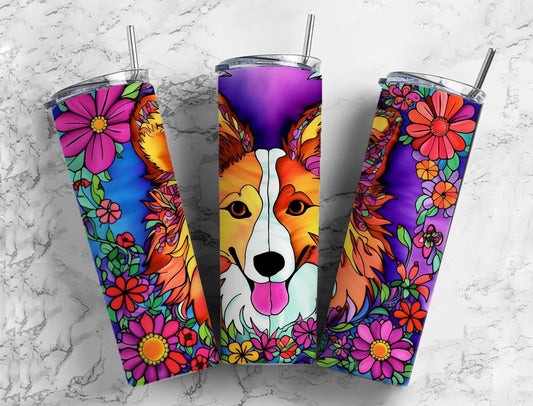 Shetland Sheepdog 20oz Sublimation Tumbler Designs, Floral colorful 9.2 x 8.3” Straight Skinny Tumbler Wrap PNG