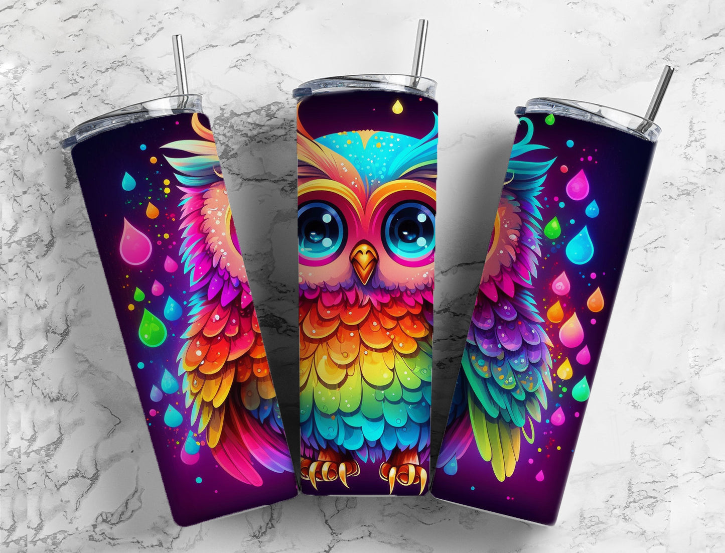 Neon Owl 20oz Sublimation Tumbler Designs, Rainbow Drops9.2 x 8.3” Straight Skinny Tumbler Wrap PNG, Sublimation Design PNG