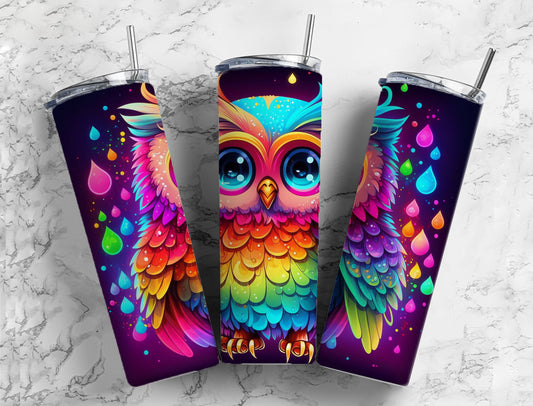 Neon Owl 20oz Sublimation Tumbler Designs, Rainbow Drops9.2 x 8.3” Straight Skinny Tumbler Wrap PNG, Sublimation Design PNG