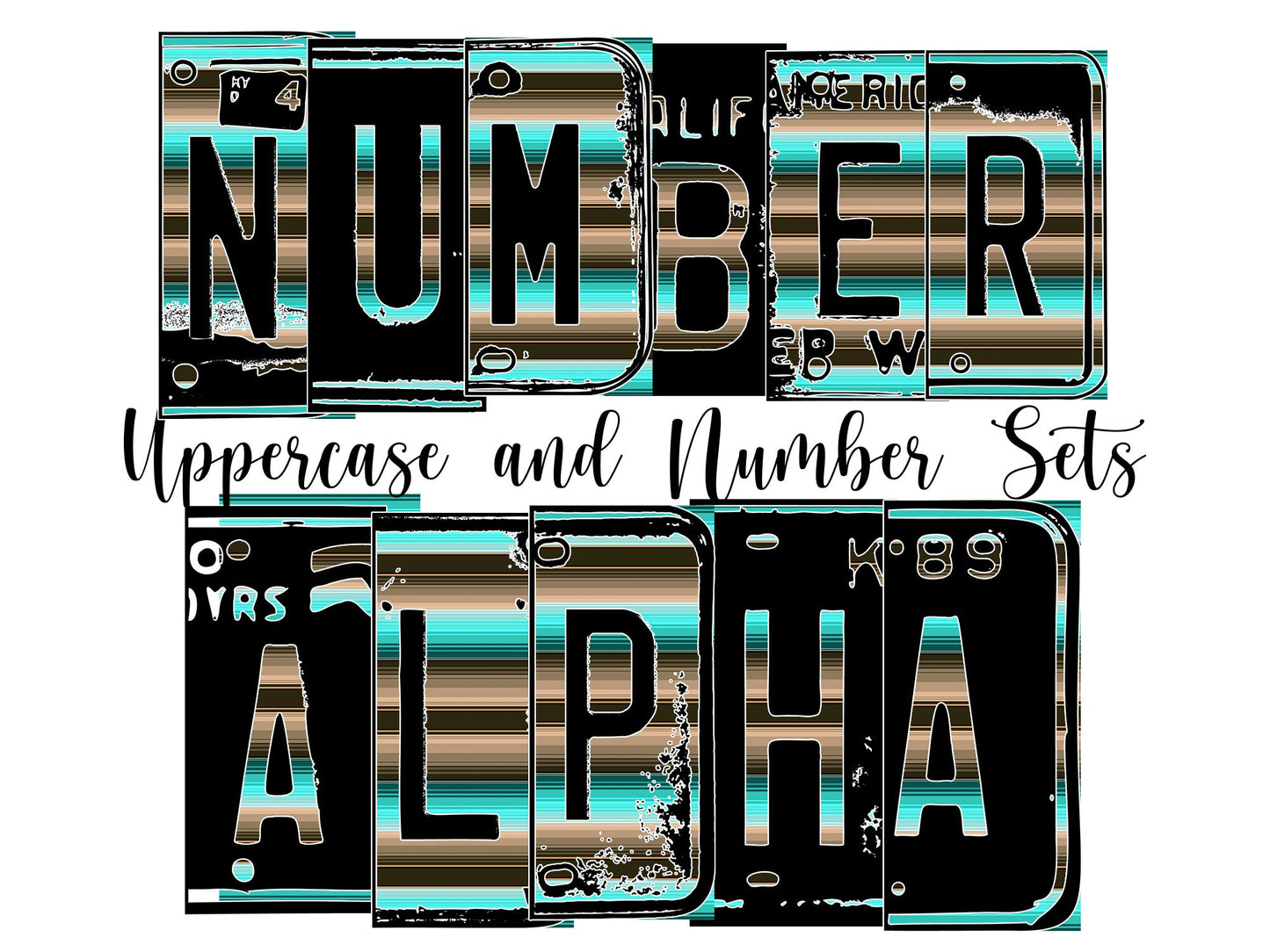 Teal Serape Number Plate Alphabet Uppercase Numbers PNG, Brown Country Alphabet PNG Digital Download