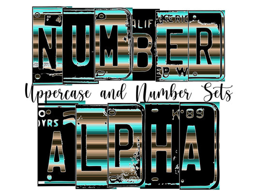 Teal Serape Number Plate Alphabet Uppercase Numbers PNG, Brown Country Alphabet PNG Digital Download