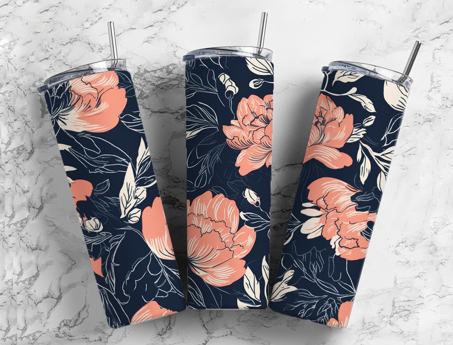 Pink floral 20oz Sublimation Tumbler Designs, Dark botanical 9.2 x 8.3” Straight Skinny Tumbler Wrap PNG