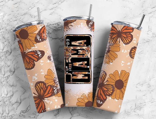 Retro Butterfly 20oz Sublimation Tumbler Designs, 9.2 x 8.3” Straight Skinny Tumbler, Mama Number PlateTumbler Wrap PNG