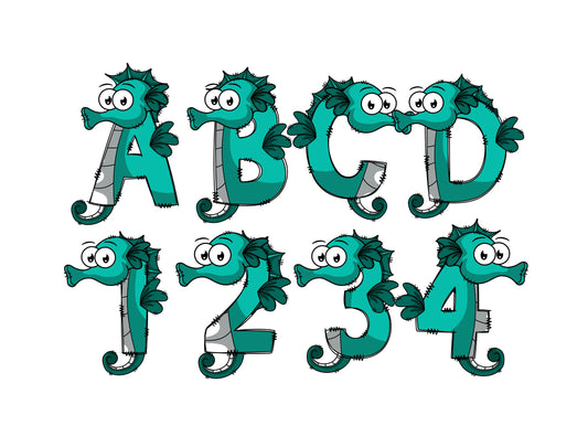 Sea Horse Doodle Letters, Ocean Alphabet, Sea Alphabet PNG, Entire Doodle Alphabet Uppercase Lowercase Numbers PNG