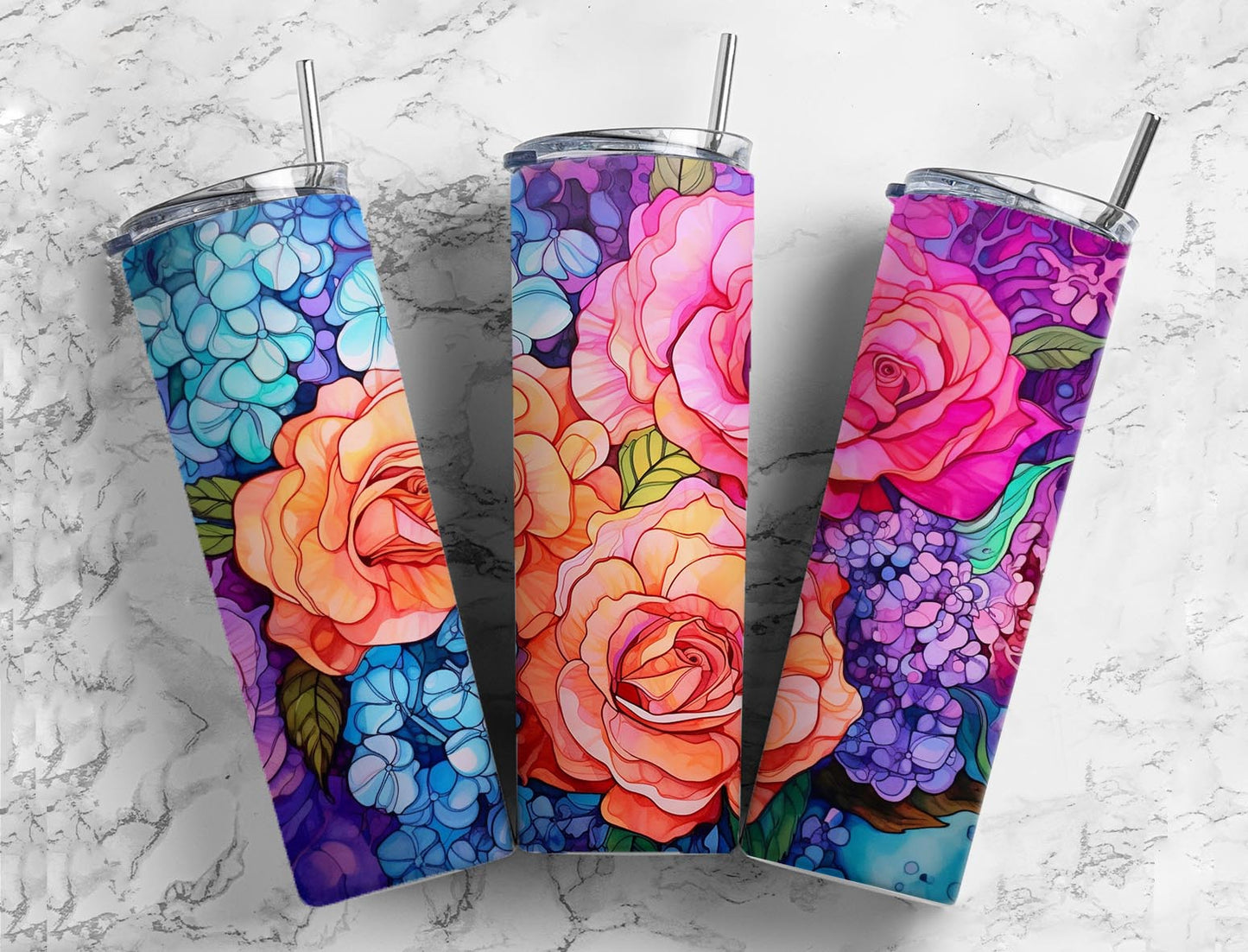 Watercolor Rose 20oz Sublimation Tumbler Designs, Painted Colorful Rose 9.2 x 8.3”  Tumbler Png, Digital Download