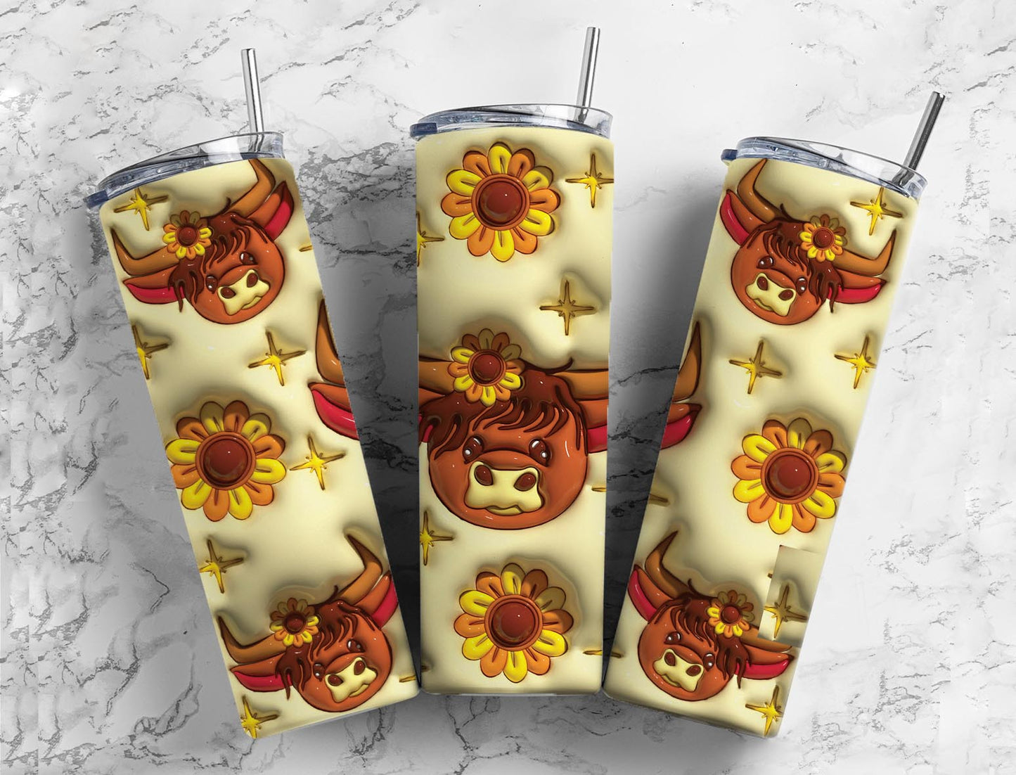 Sunflower Highland Cow 20oz Sublimation Tumbler Designs, 3D Inflated 9.2 x 8.3”  Tumbler Png, Digital Download