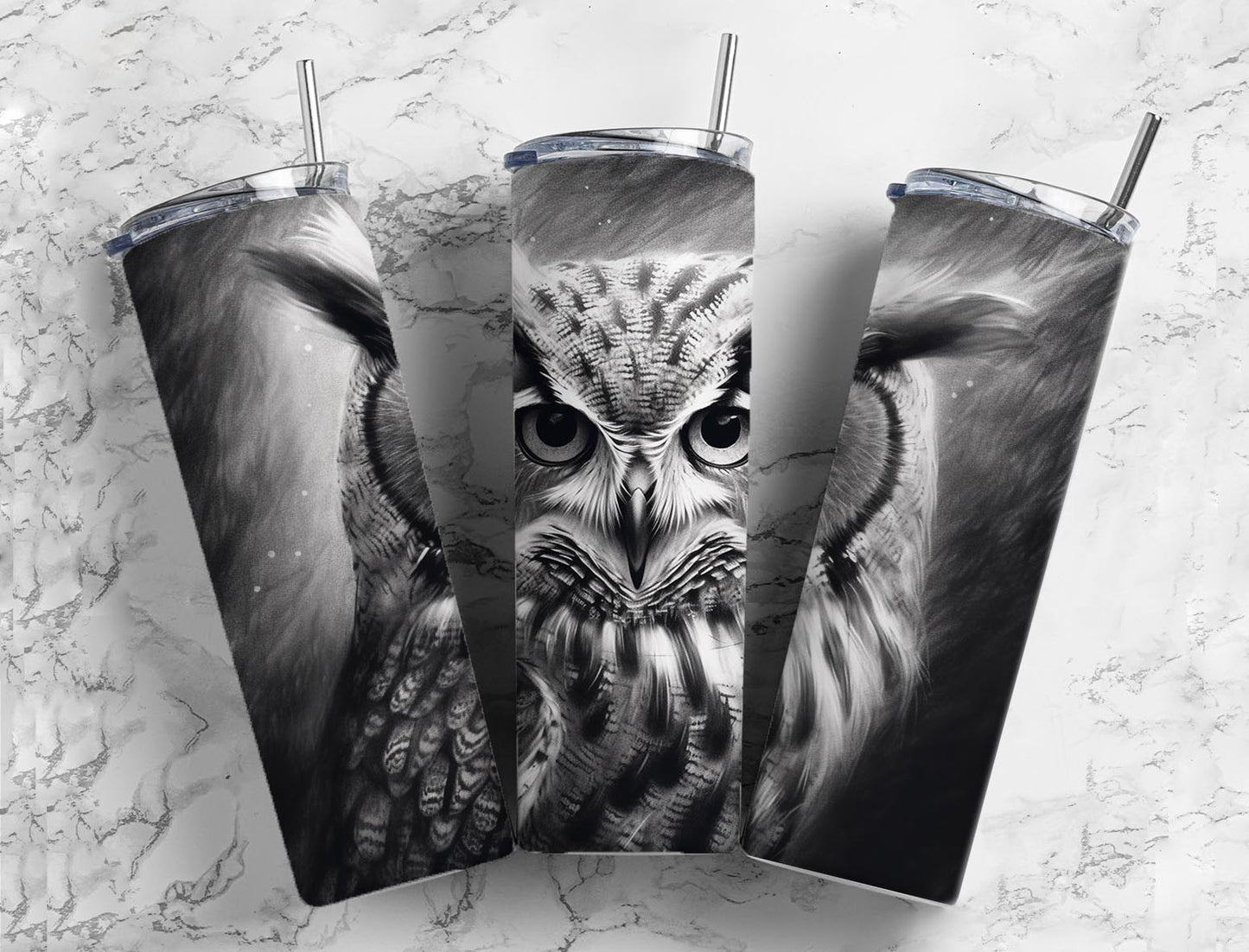 Black and White Painted Owl 20oz Sublimation Tumbler Designs, Drawing Owl 9.2 x 8.3”  Tumbler Png, Digital Download