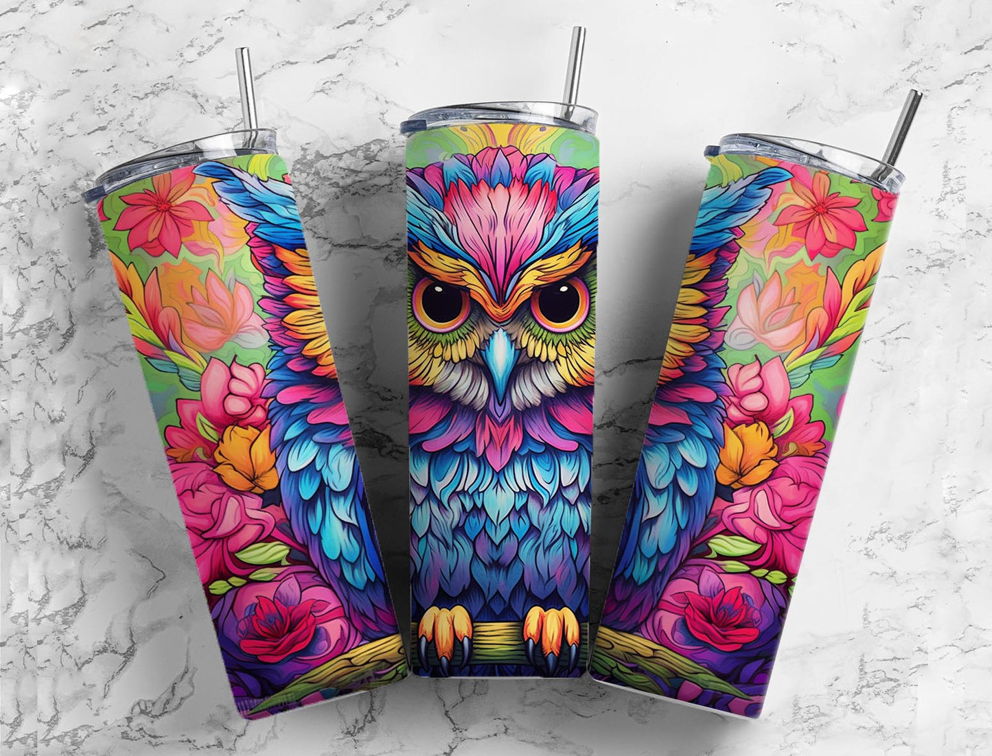 Colorful Owl Art 20oz Sublimation Tumbler Designs, Flower Owl 9.2 x 8.3”  Tumbler Png, Digital Download