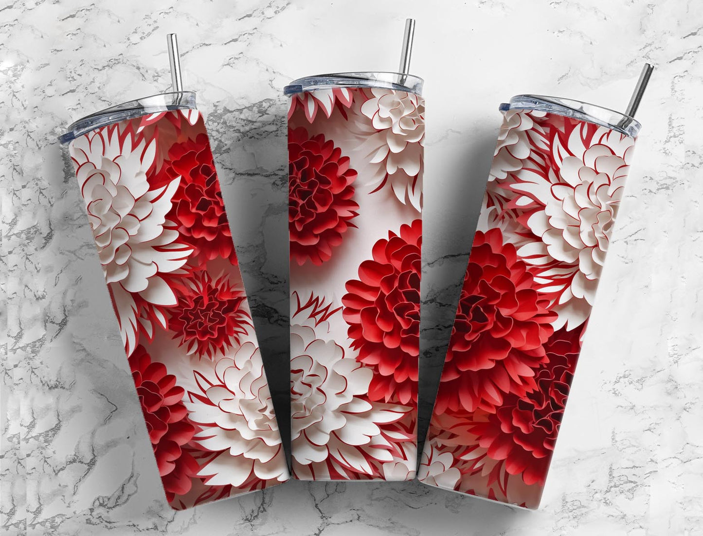 3D Flower 3D FlowerRed White 20oz Sublimation Tumbler Designs, Flower Dahlia 9.2 x 8.3”  Tumbler Png, Digital Download