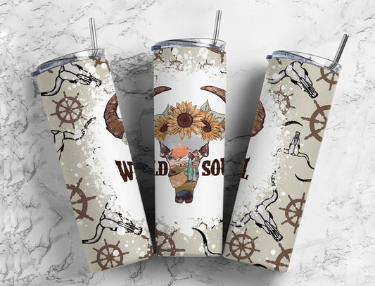 Wild Soul 20oz Sublimation Tumbler Designs, Bull Skull 9.2 x 8.3”  Tumbler Png, Digital Download