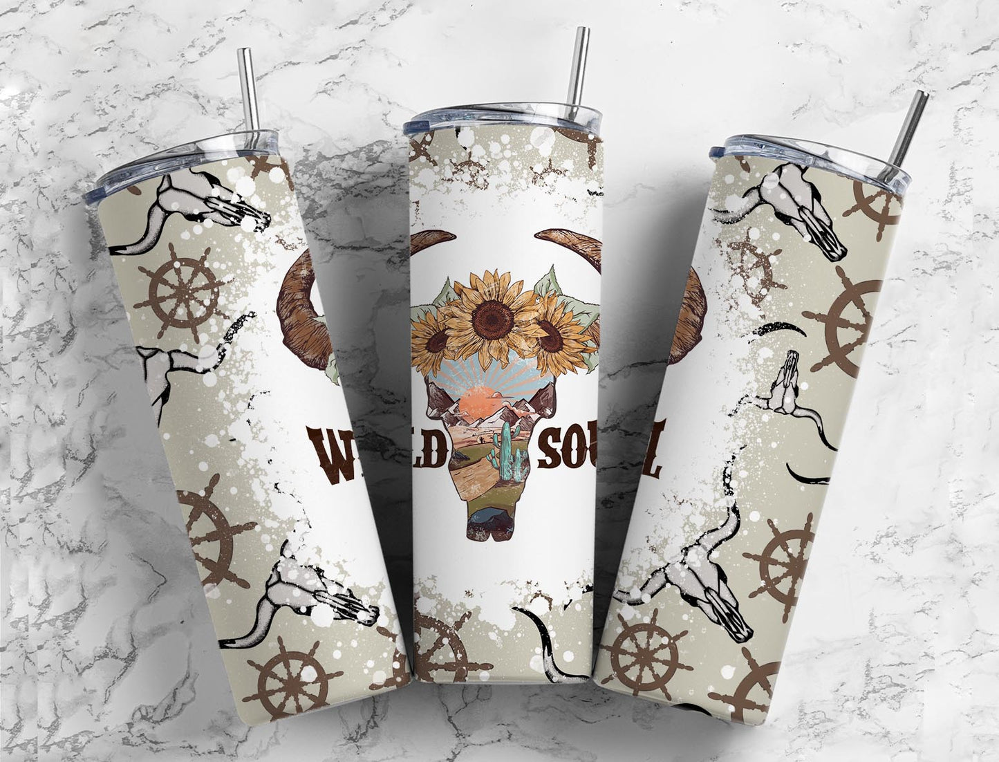 Wild Soul 20oz Sublimation Tumbler Designs, Bull Skull 9.2 x 8.3”  Tumbler Png, Digital Download (1)