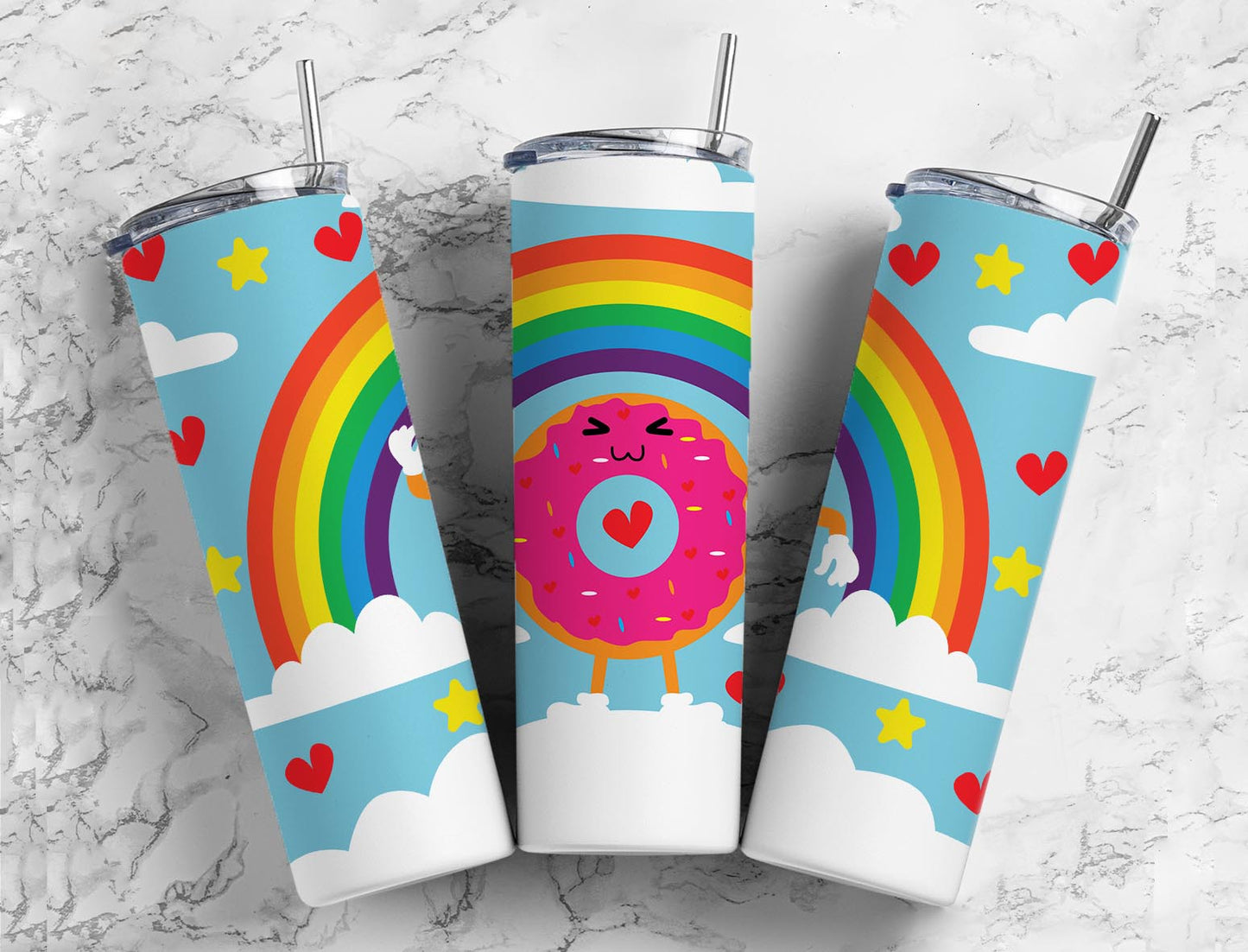 Rainbow Donut 20oz Sublimation Tumbler Designs, Hearts Sky 9.2 x 8.3”  Tumbler Png, Digital Download