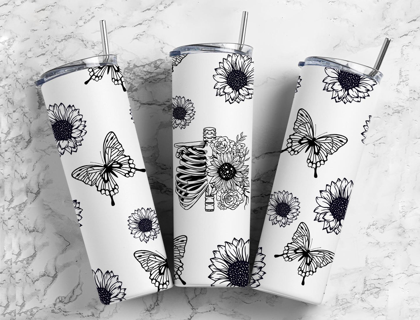 Skeleton Flowers 20oz Sublimation Tumbler Designs, Black Butterflies 9.2 x 8.3”  Tumbler Png, Digital Download