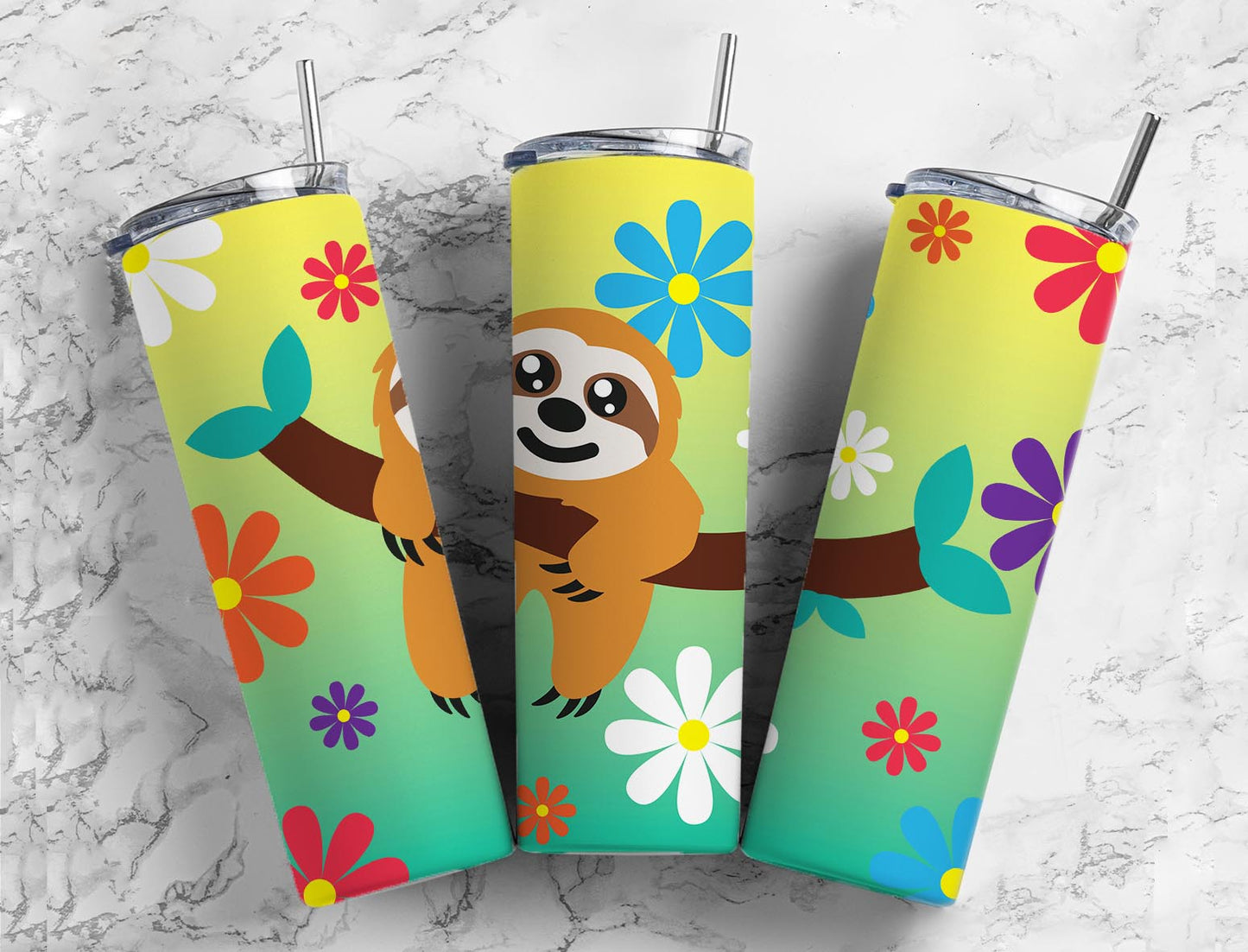 Sloths Hanging 20oz Sublimation Tumbler Designs, Colorful Flower 9.2 x 8.3”  Tumbler Png, Digital Download