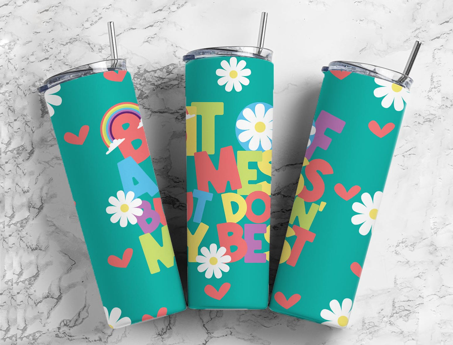 Bit Of A Mess 20oz Sublimation Tumbler Designs, White Daisy 9.2 x 8.3”  Tumbler Png, Digital Download