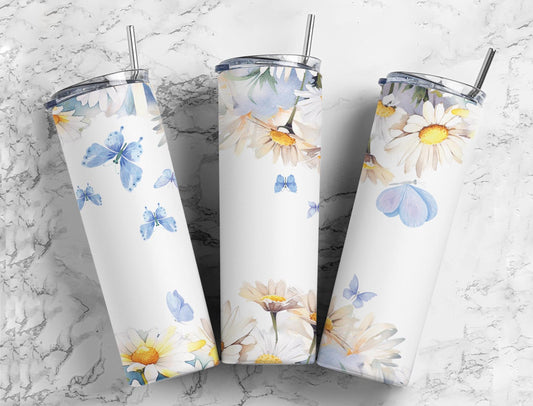 Blue Butterfly 20oz Sublimation Tumbler Designs, Daisy Flower 9.2 x 8.3”  Tumbler Png, Digital Download