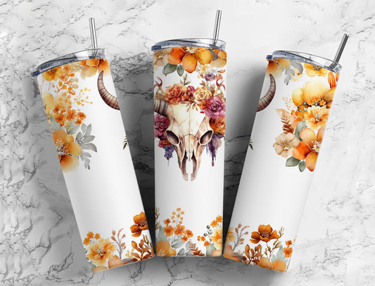 Bull Skull 20oz Sublimation Tumbler Designs, Vintage Flower 9.2 x 8.3”  Tumbler Png, Digital Download