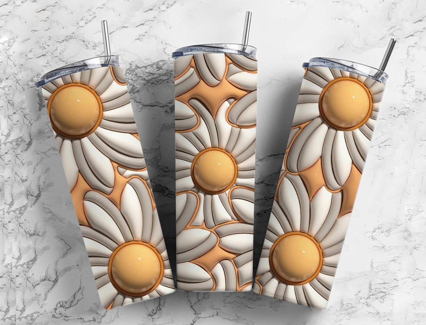 White Daisy 20oz Sublimation Tumbler Designs, 3D Inflated 9.2 x 8.3”  Tumbler Png, Digital Download