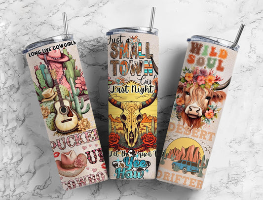 Country Longhorn Small Town 20oz Sublimation Tumbler Designs, Southern 9.2 x 8.3” Straight Skinny Tumbler, Tumbler Wrap PNG