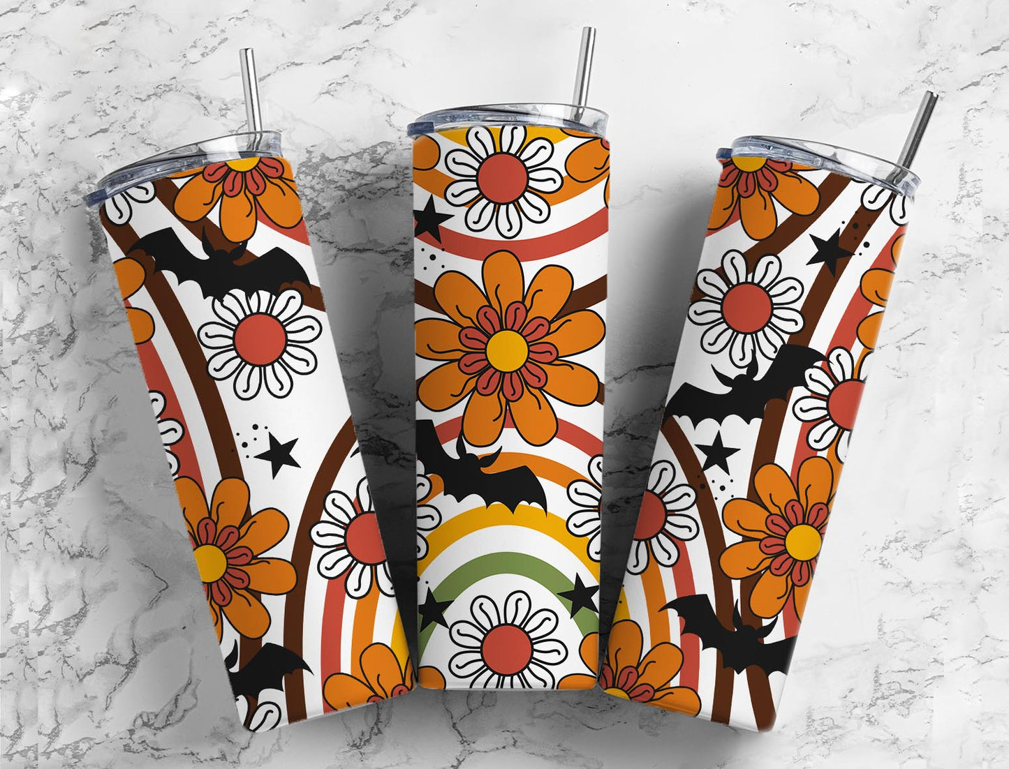 Retro Fall Bat 20oz Sublimation Tumbler Designs, Spooky 9.2 x 8.3” Straight Skinny Tumbler, Tumbler Wrap PNG