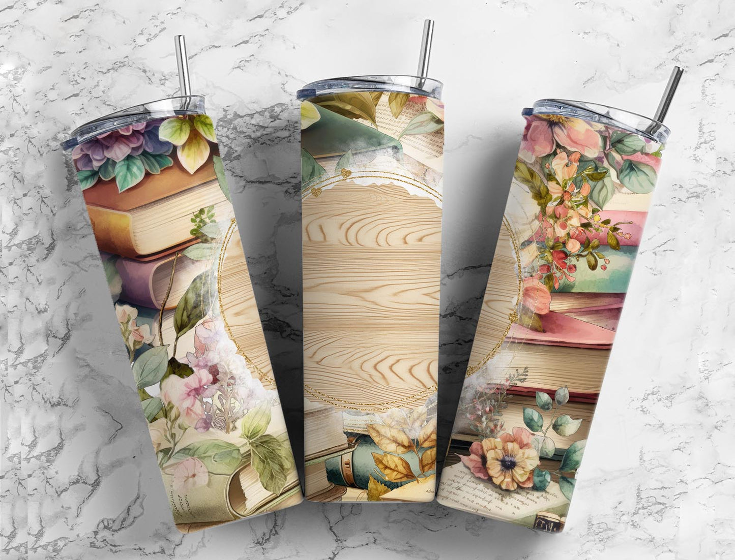 Book and floral reader 20oz Sublimation Tumbler Designs, 9.2 x 8.3” Straight Skinny Tumbler Wrap PNG