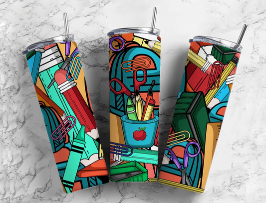 School teacher pattern 20oz Sublimation Tumbler Designs, 9.2 x 8.3” Straight Skinny Tumbler Wrap PNG