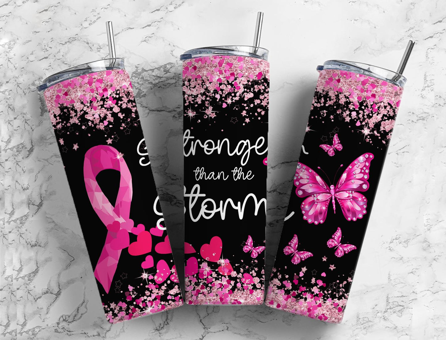 Stronget then the storm Breast Cancer Pink Ribbon 20oz Sublimation Tumbler Designs, 9.2 x 8.3” Straight Skinny Tumbler Wrap PNG