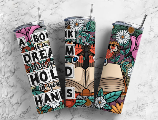 Reading floral 20oz Sublimation Tumbler Designs, butterfly book 9.2 x 8.3” Straight Skinny Tumbler Wrap PNG