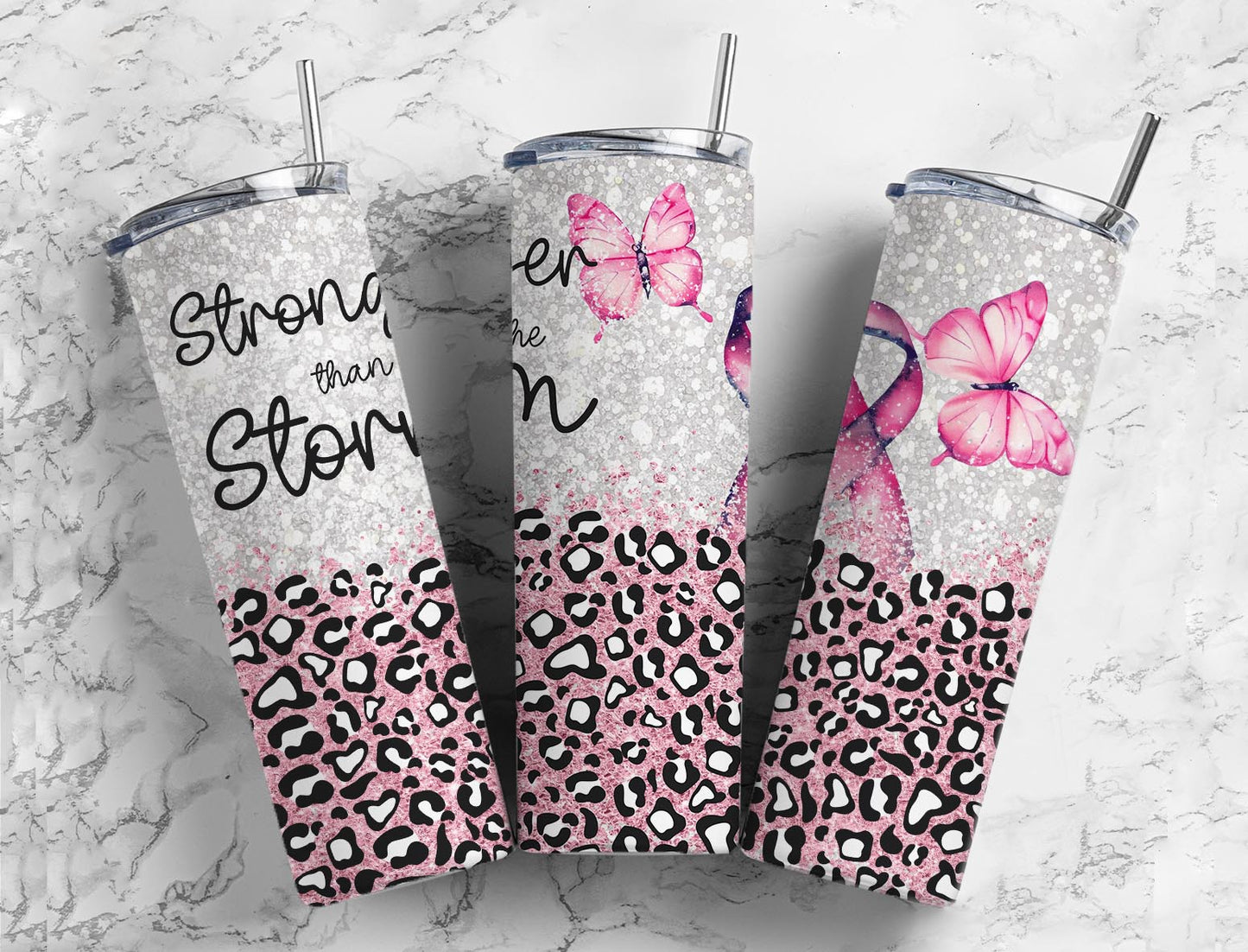 Stronger then the storm pink leopard glitter 20oz Sublimation Tumbler Designs, 9.2 x 8.3” Straight Skinny Tumbler Wrap PNG