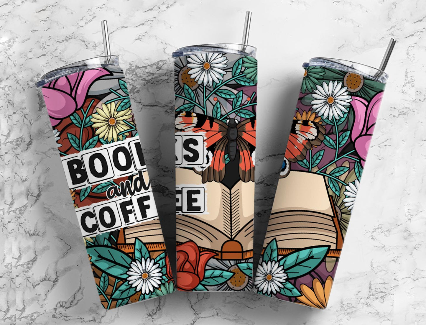 Books and coffee 20oz Sublimation Tumbler Designs, reading floral 9.2 x 8.3” Straight Skinny Tumbler Wrap PNG