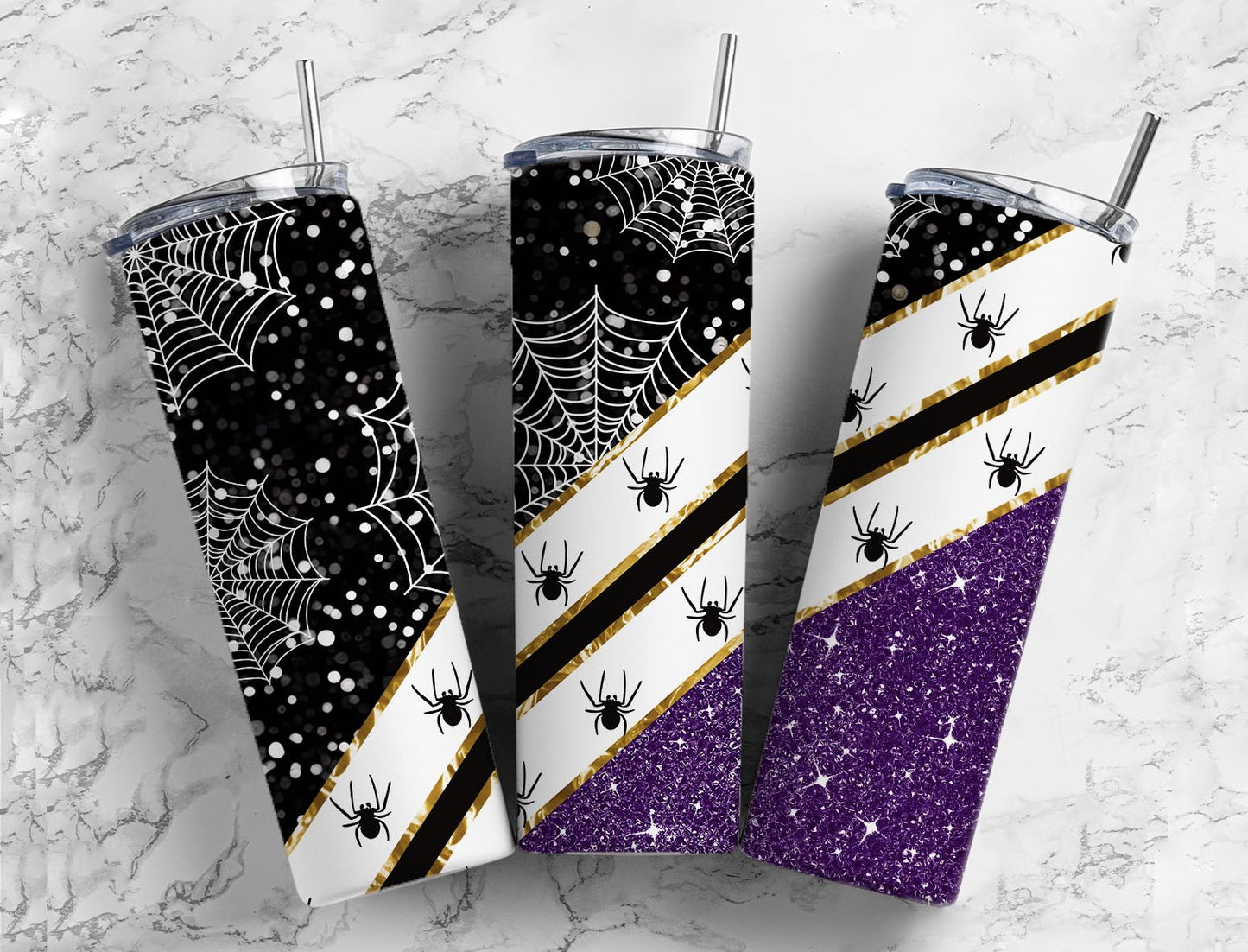 Spooky Spider Glitter 20oz Sublimation Tumbler Designs, Black 9.2 x 8.3” Straight Skinny Tumbler, Tumbler Wrap PNG