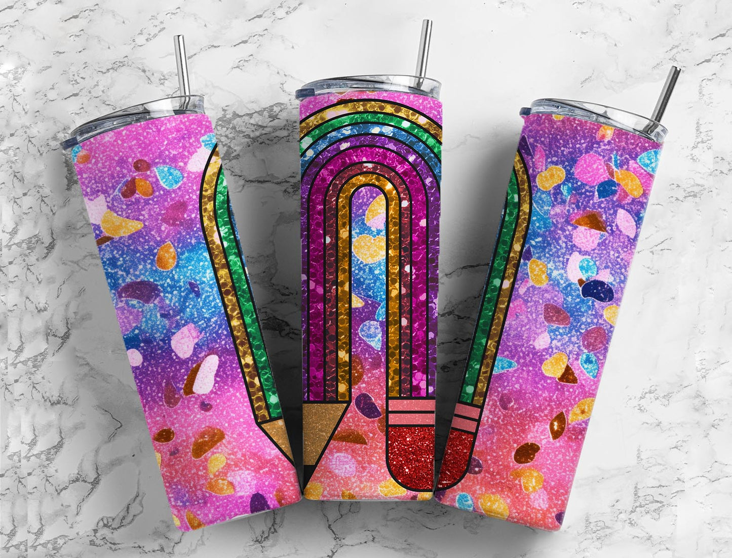 Rainbow Glitter Pencil School 20oz Sublimation Tumbler Designs, Teacher 9.2 x 8.3” Straight Skinny Tumbler, Tumbler Wrap PNG