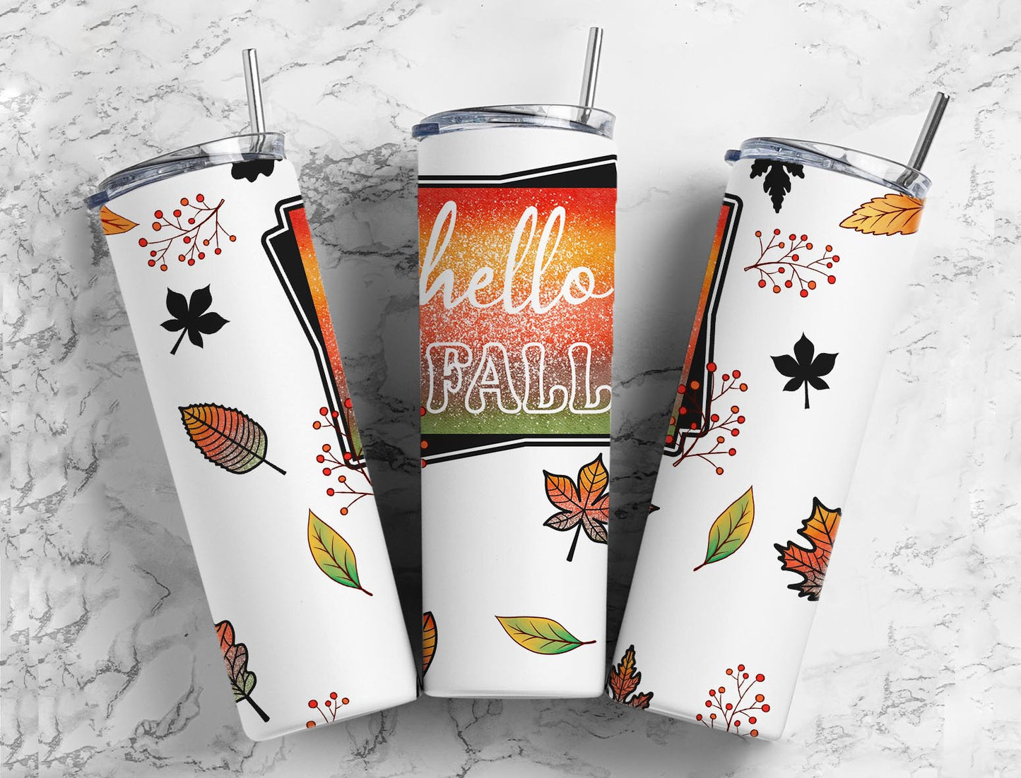 Hello Fall Leaves 20oz Sublimation Tumbler Designs, Leaf 9.2 x 8.3” Straight Skinny Tumbler, Tumbler Wrap PNG