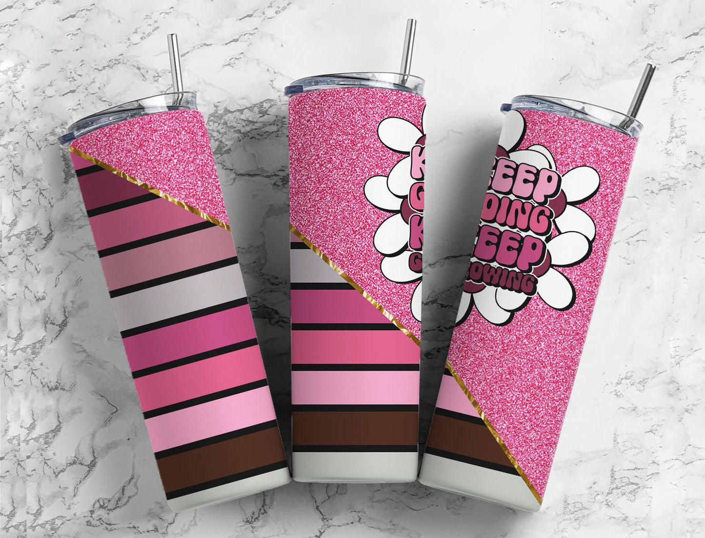 Pink Glitter Keep Going 20oz Sublimation Tumbler Designs, Inspirational 9.2 x 8.3” Straight Skinny Tumbler, Tumbler Wrap PNG